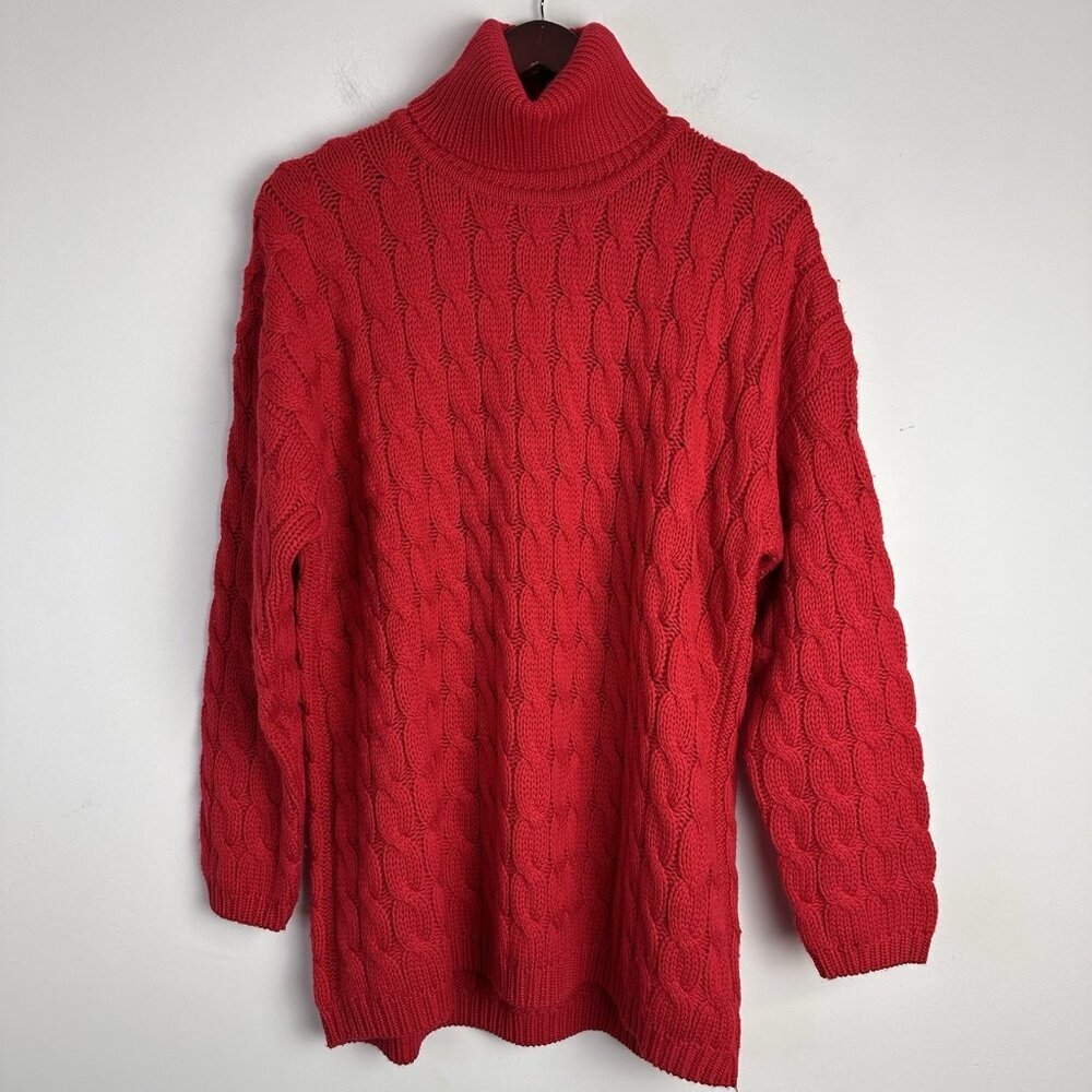 Vintage Wool Cable Knit Sweater Turtleneck‎ Womens Small Red Fisherman Old Money